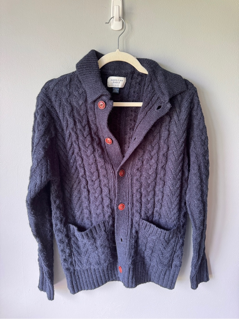 American Eagle Outfitters Men’s Navy Cable-Knit Cardigan with Buttons